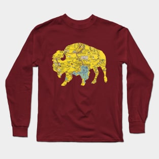 Buffalo Silhouette cut from 1948 map of Yellowstone-2 Long Sleeve T-Shirt